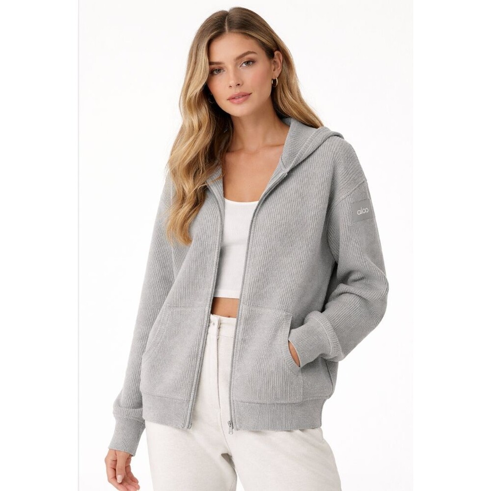 NWT UNISEX MenWoman ALO YOGA RIB KNIT FULL ZIP DOMAIN HOODED SWEATER Size M $218